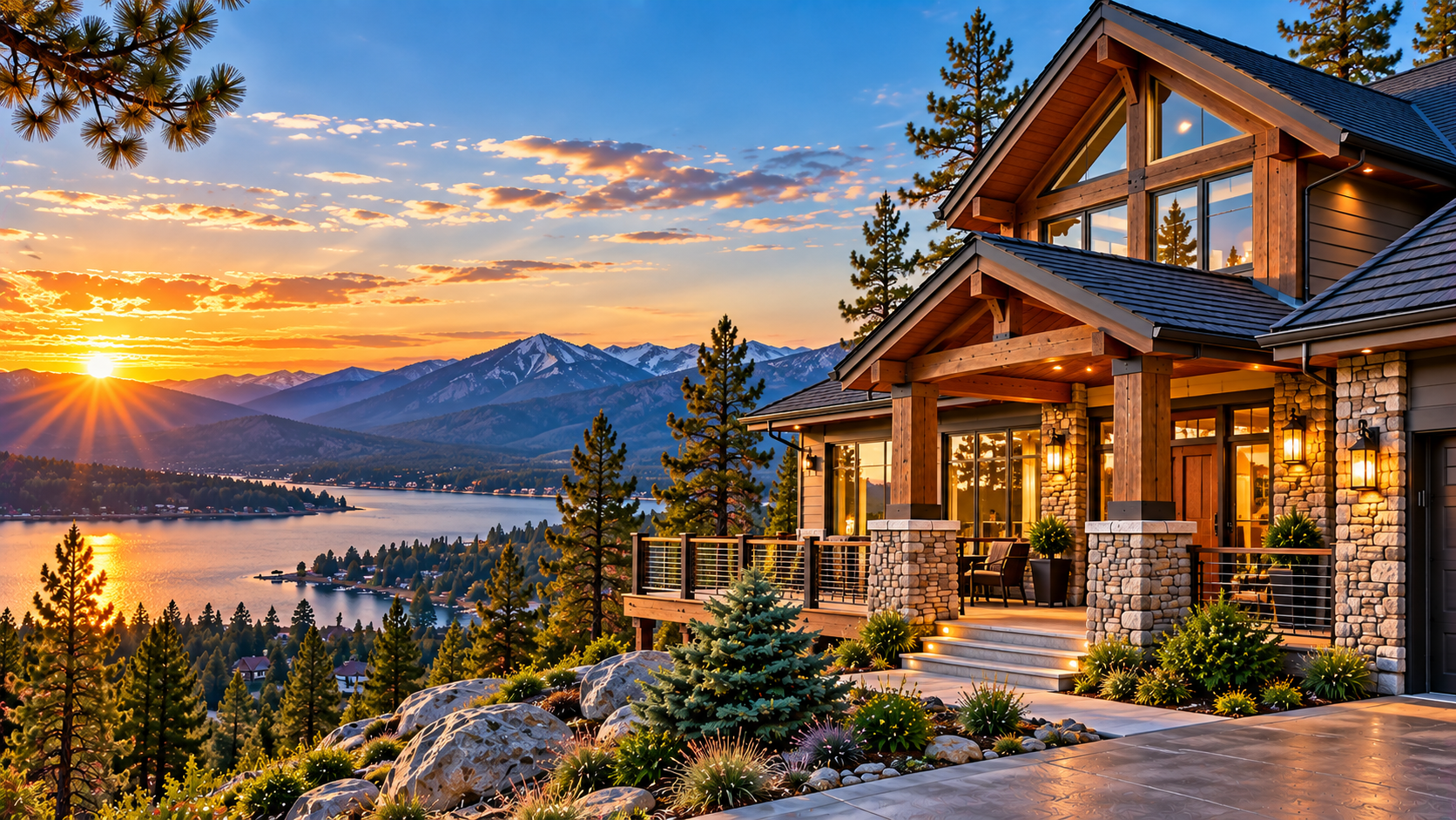 Mountain home overlooking a lake at sunset