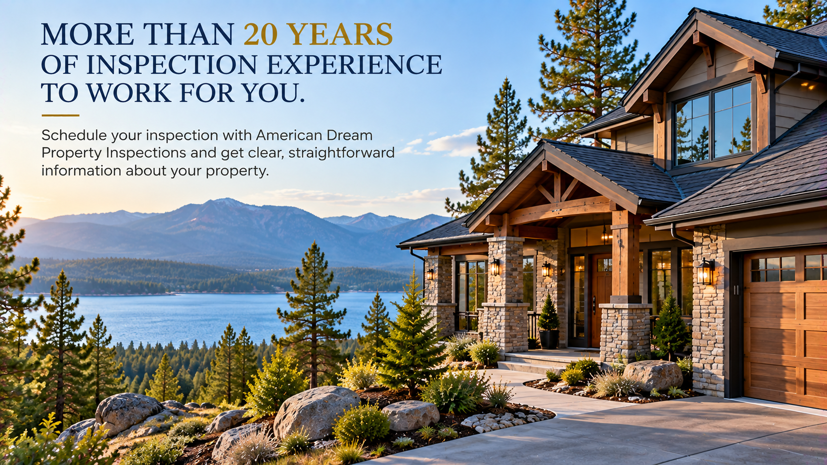 Mountain home with text highlighting more than 20 years of inspection experience