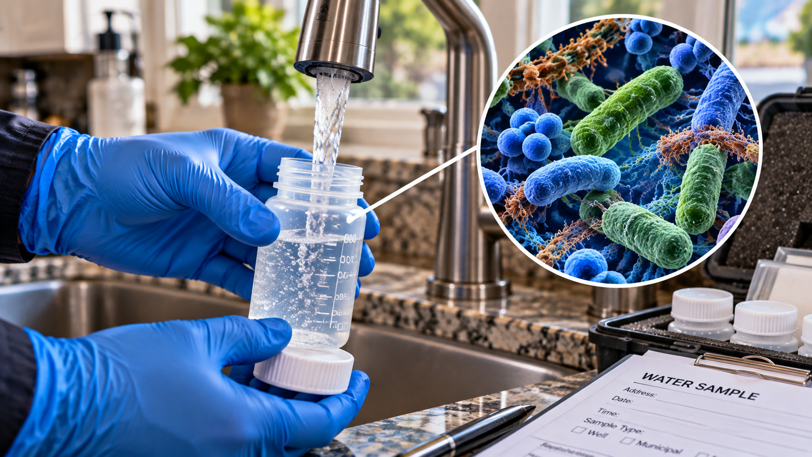 Water sampling bottles with laboratory bacteria graphic