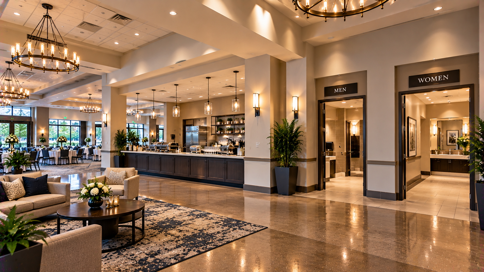 Lobby and gathering area inside an event venue