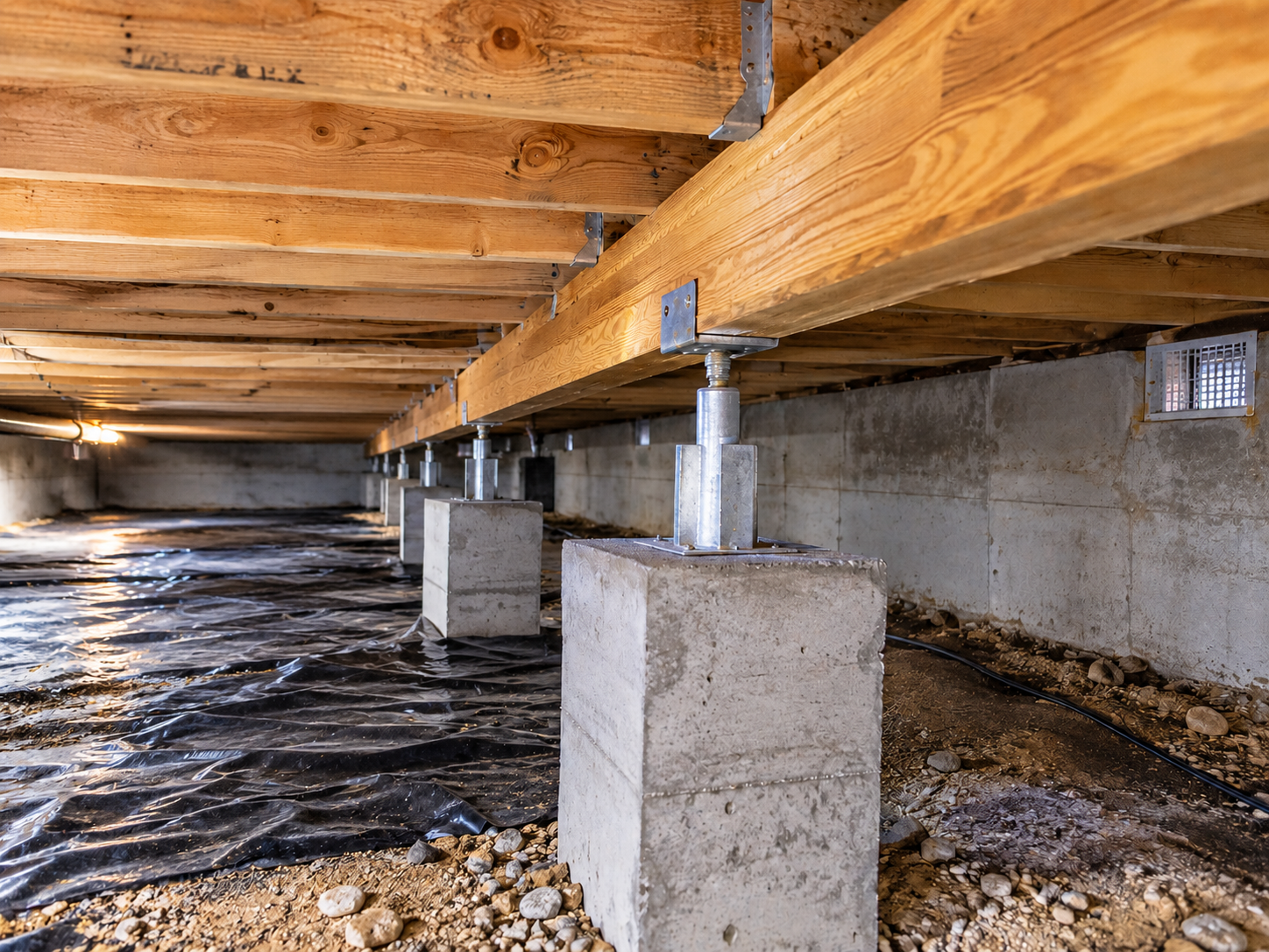 Crawlspace foundation with concrete piers and wood beams