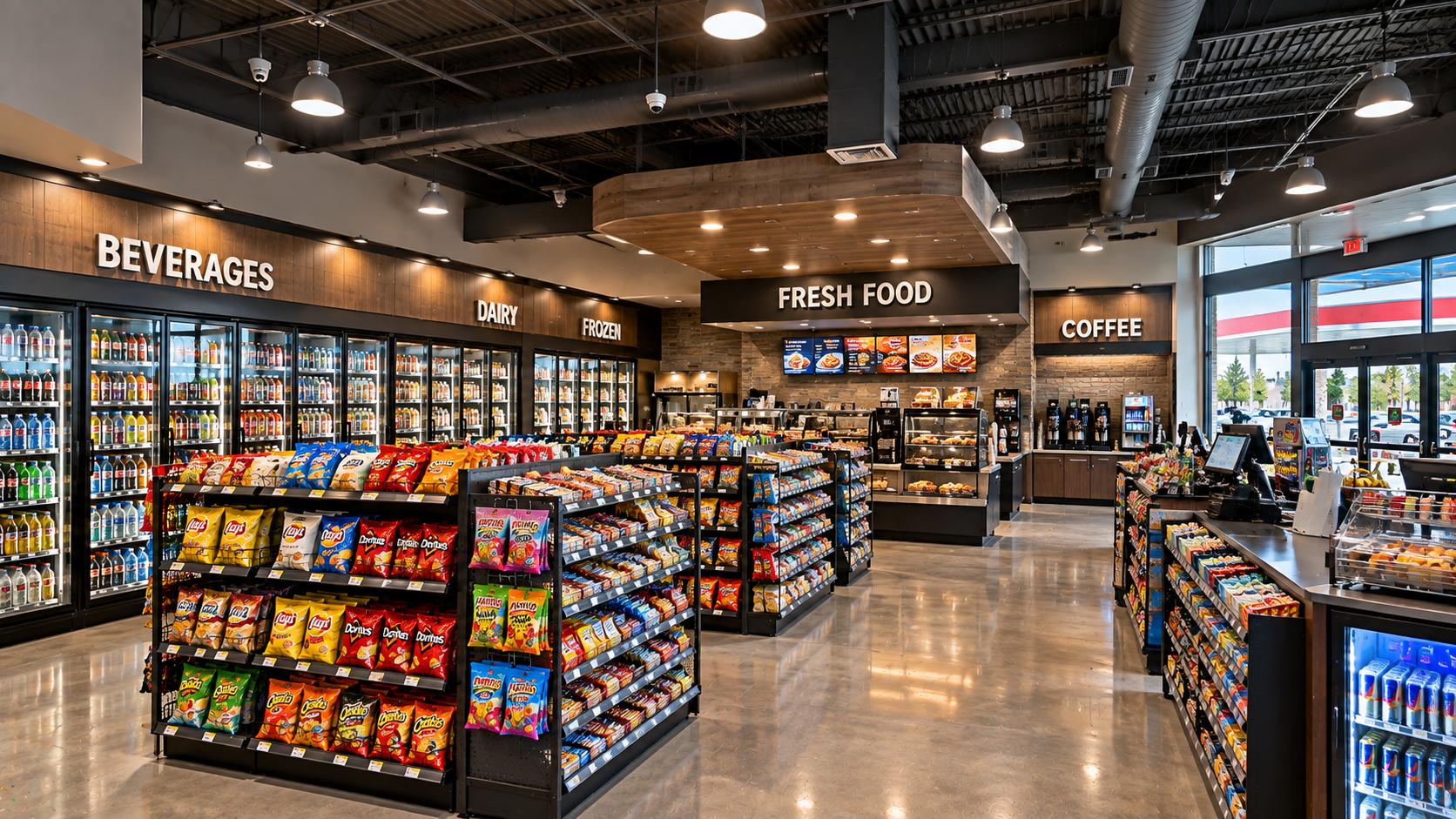 Convenience store interior with refrigerated and retail displays