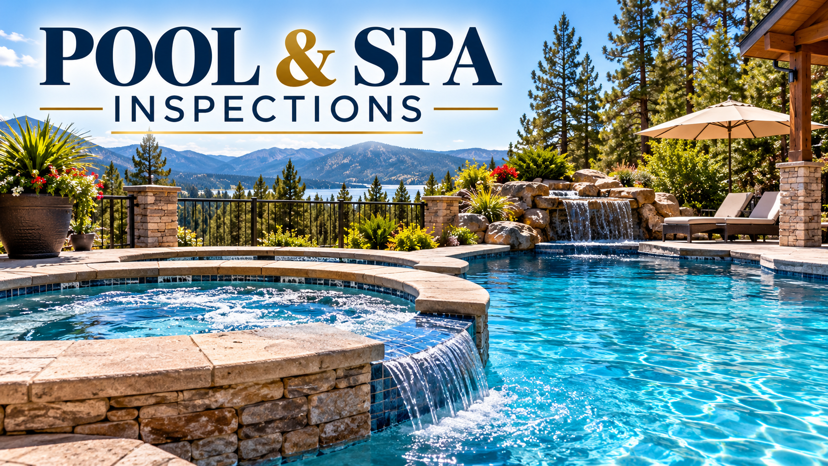Residential swimming pool and spa with landscaped stone deck