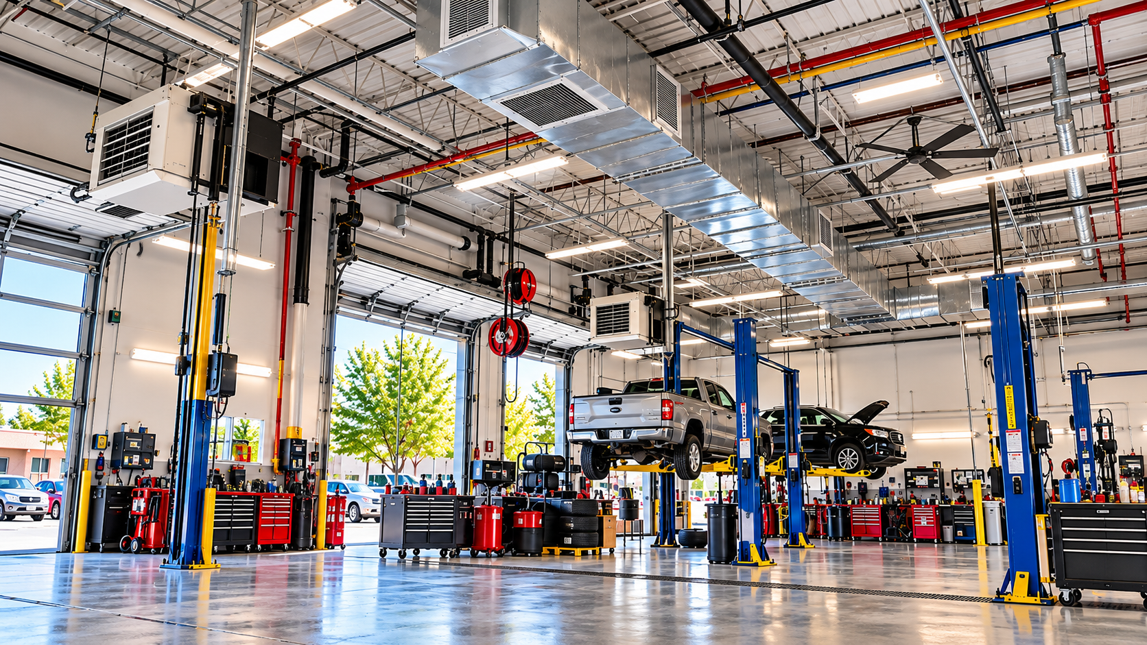 Automotive repair shop interior with service lifts